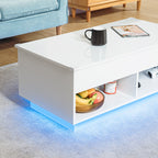 Modern Storage Lift Top White LED Coffee Table With Open Shelf