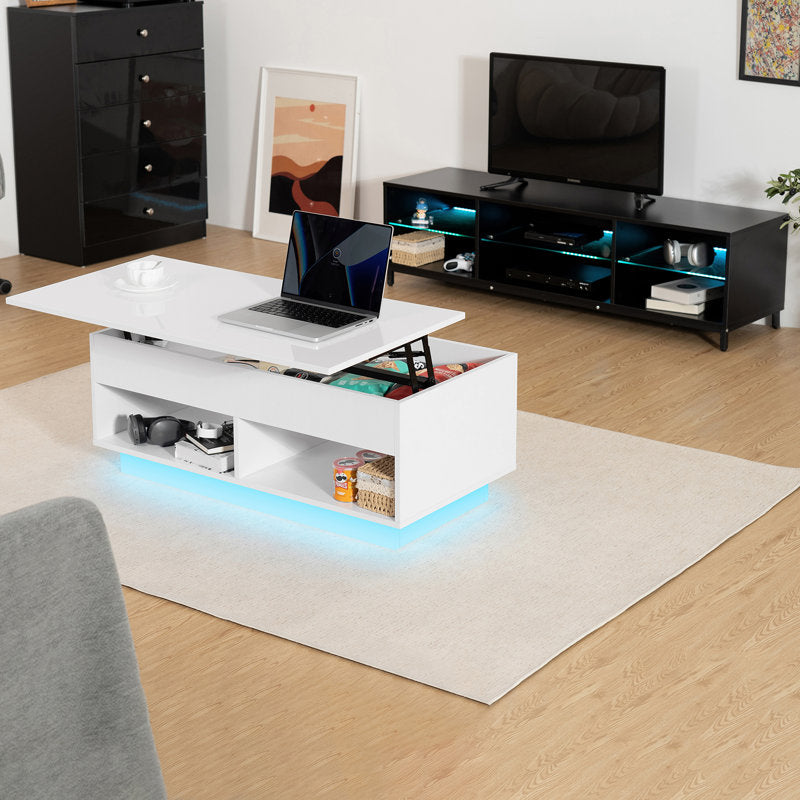 Modern Storage Lift Top White LED Coffee Table With Open Shelf