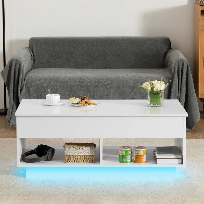 Modern Storage Lift Top White LED Coffee Table With Open Shelf