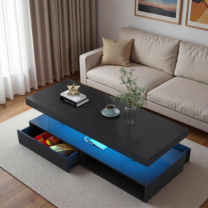 Modern Storage Rectangular Black LED Coffee Table With Open Shelf