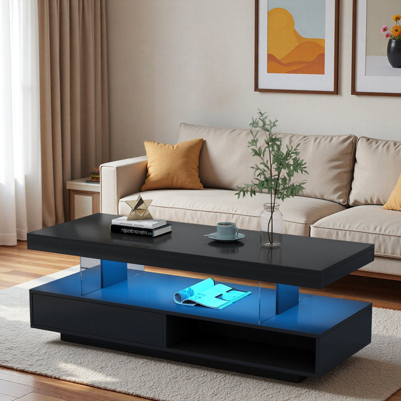Modern Storage Rectangular Black LED Coffee Table With Open Shelf