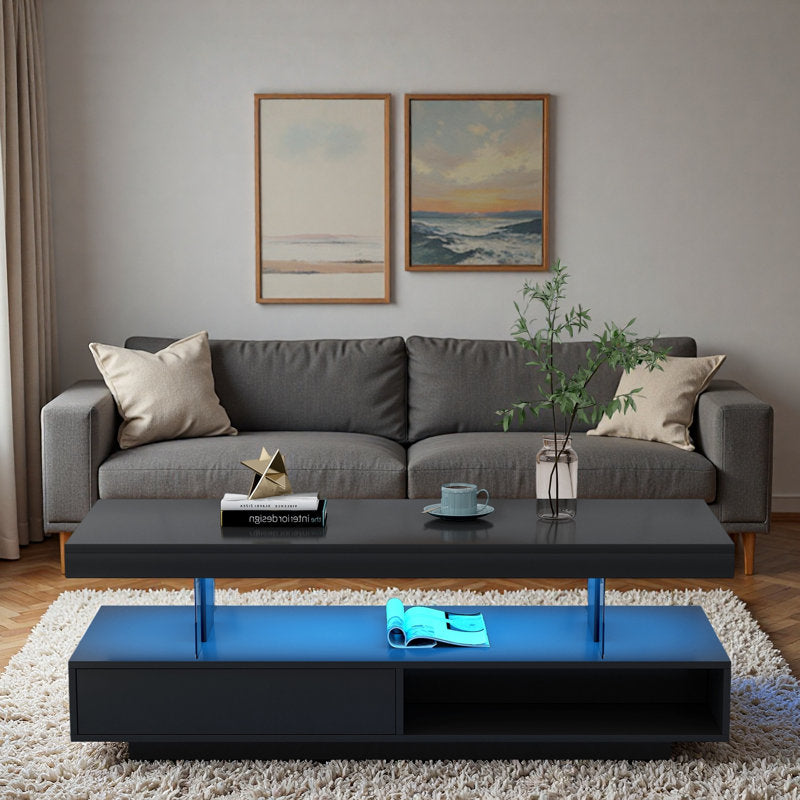 Modern Storage Rectangular Black LED Coffee Table With Open Shelf