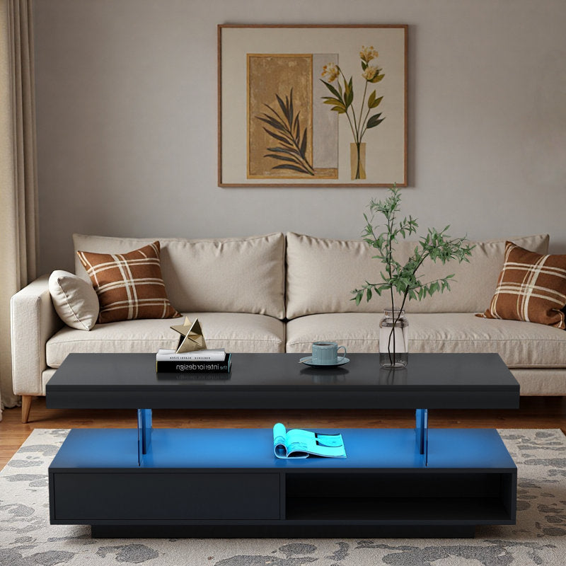 Modern Storage Rectangular Black LED Coffee Table With Open Shelf