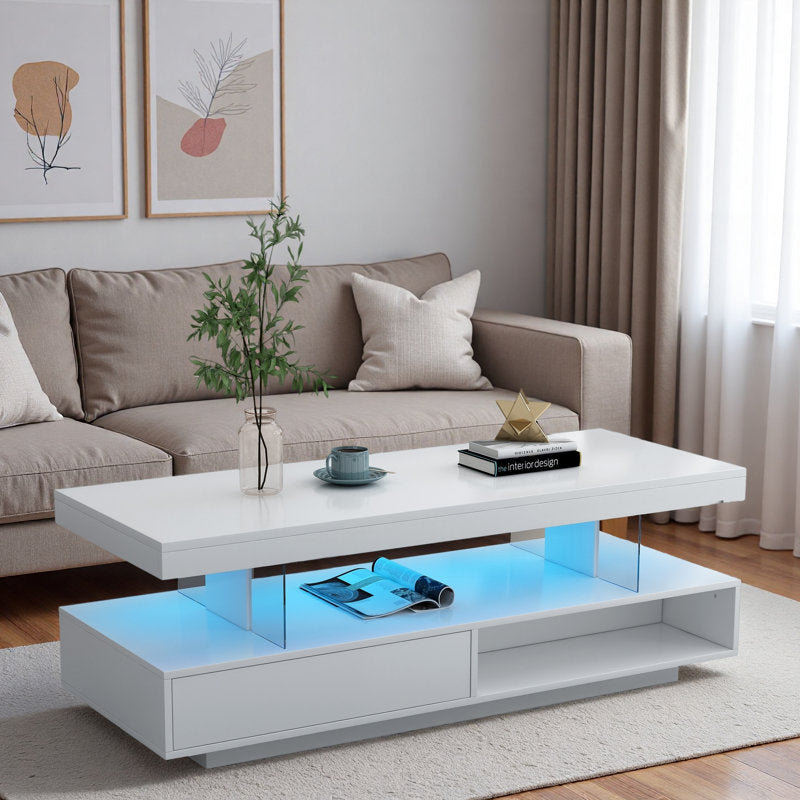 Modern Storage Rectangular White LED Coffee Table With Open Shelf