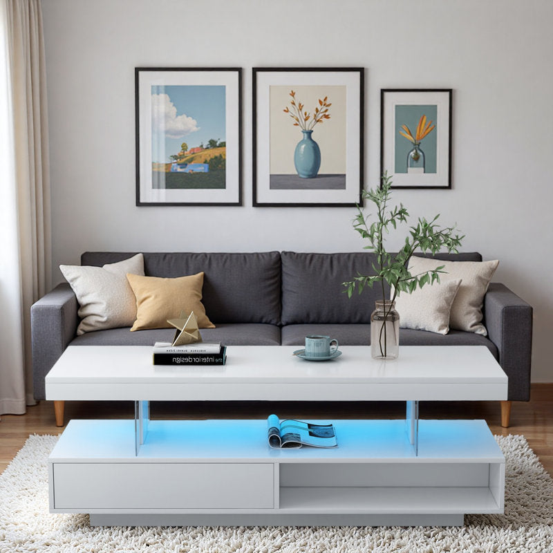 Modern Storage Rectangular White LED Coffee Table With Open Shelf