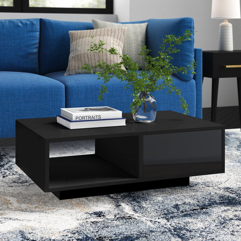 Contemporary Black LED Coffee Table With Minimalist Open Storage Shelf