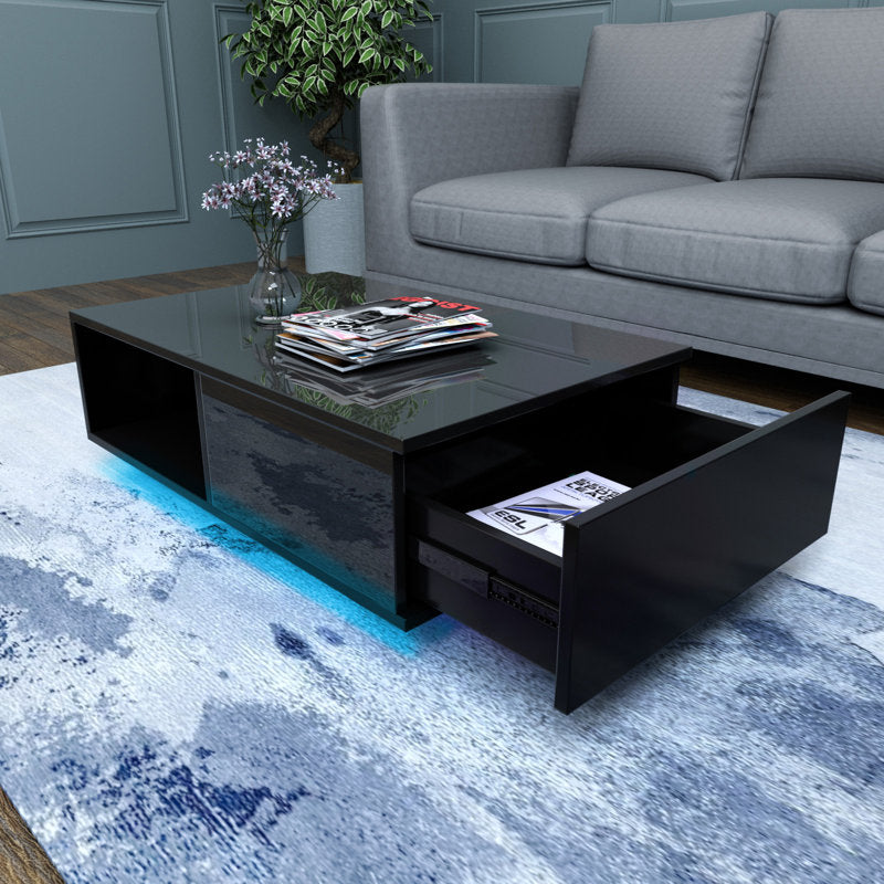 Contemporary Black LED Coffee Table With Minimalist Open Storage Shelf
