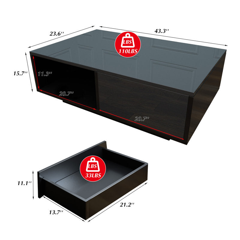 Contemporary Black LED Coffee Table With Minimalist Open Storage Shelf