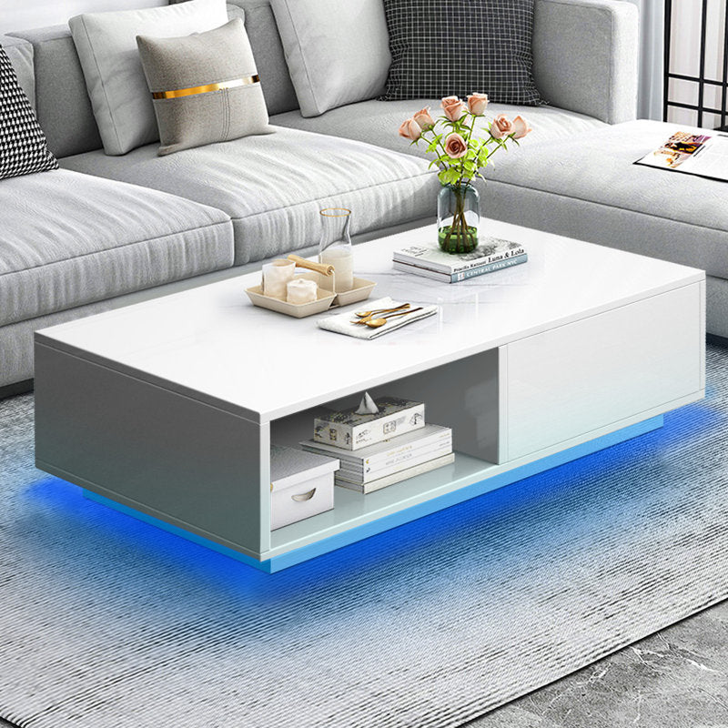 Contemporary White LED Coffee Table With Minimalist Open Storage Shelf
