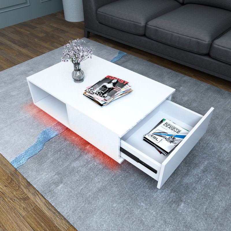 Contemporary White LED Coffee Table With Minimalist Open Storage Shelf