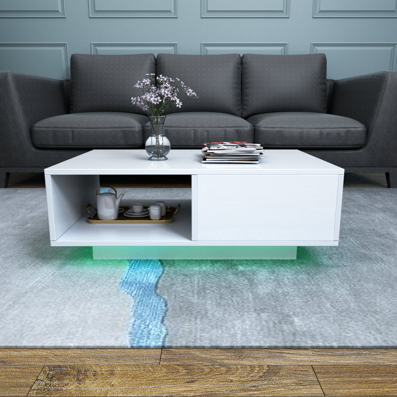 Contemporary White LED Coffee Table With Minimalist Open Storage Shelf