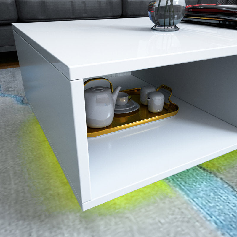 Contemporary White LED Coffee Table With Minimalist Open Storage Shelf