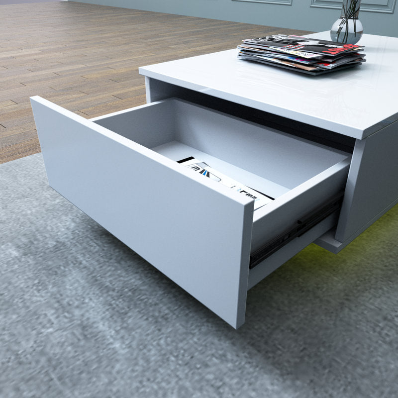 Contemporary White LED Coffee Table With Minimalist Open Storage Shelf