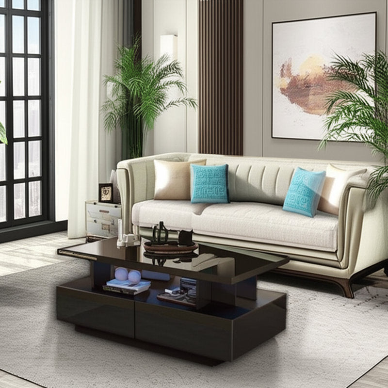 Modern Low Profile Black LED Coffee Table With Storage Cabinet