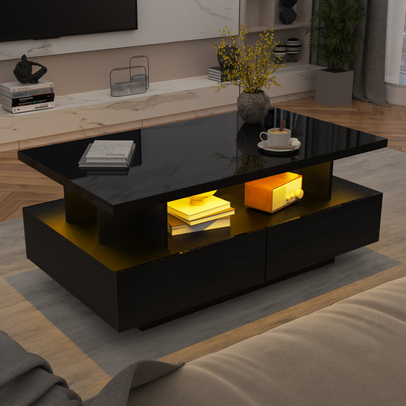 Modern Low Profile Black LED Coffee Table With Storage Cabinet