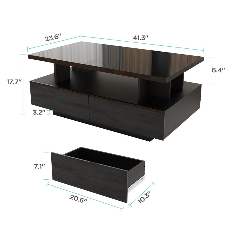 Modern Low Profile Black LED Coffee Table With Storage Cabinet
