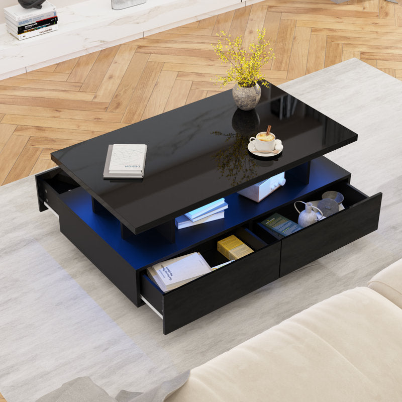 Modern Low Profile Black LED Coffee Table With Storage Cabinet