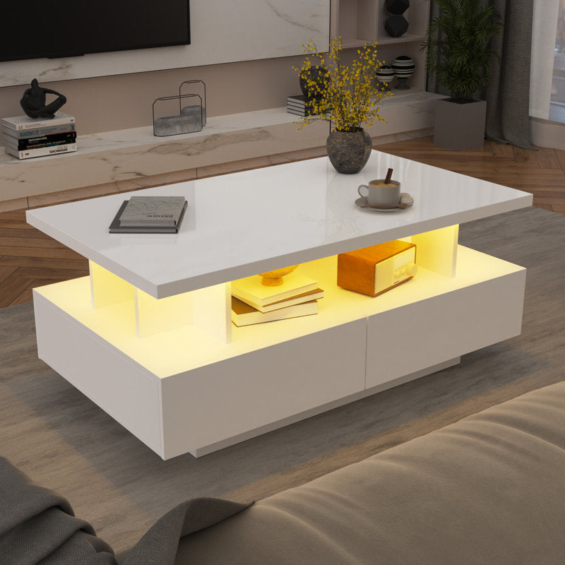 Modern Low Profile White LED Coffee Table With Storage Cabinet