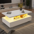Modern Low Profile White LED Coffee Table With Storage Cabinet