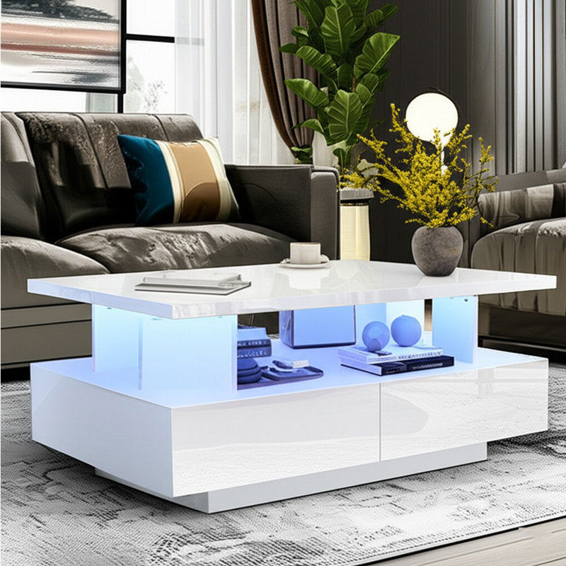 Modern Low Profile White LED Coffee Table With Storage Cabinet