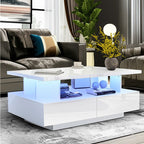 Modern Low Profile White LED Coffee Table With Storage Cabinet