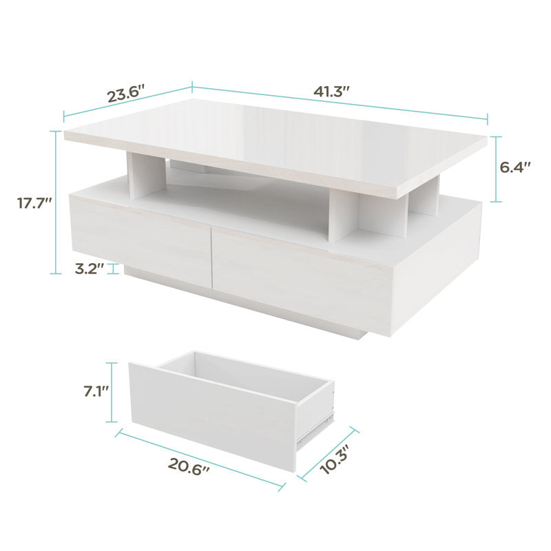 Modern Low Profile White LED Coffee Table With Storage Cabinet
