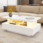 Modern Low Profile White LED Coffee Table With Storage Cabinet