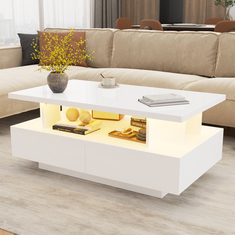Modern Low Profile White LED Coffee Table With Storage Cabinet