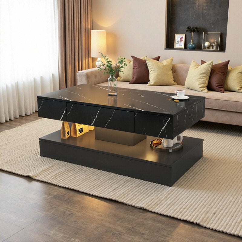 Modern Marble Pattern Black LED Coffee Table With Drawer Storage Design