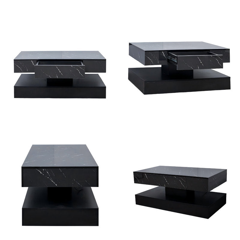 Modern Marble Pattern Black LED Coffee Table With Drawer Storage Design