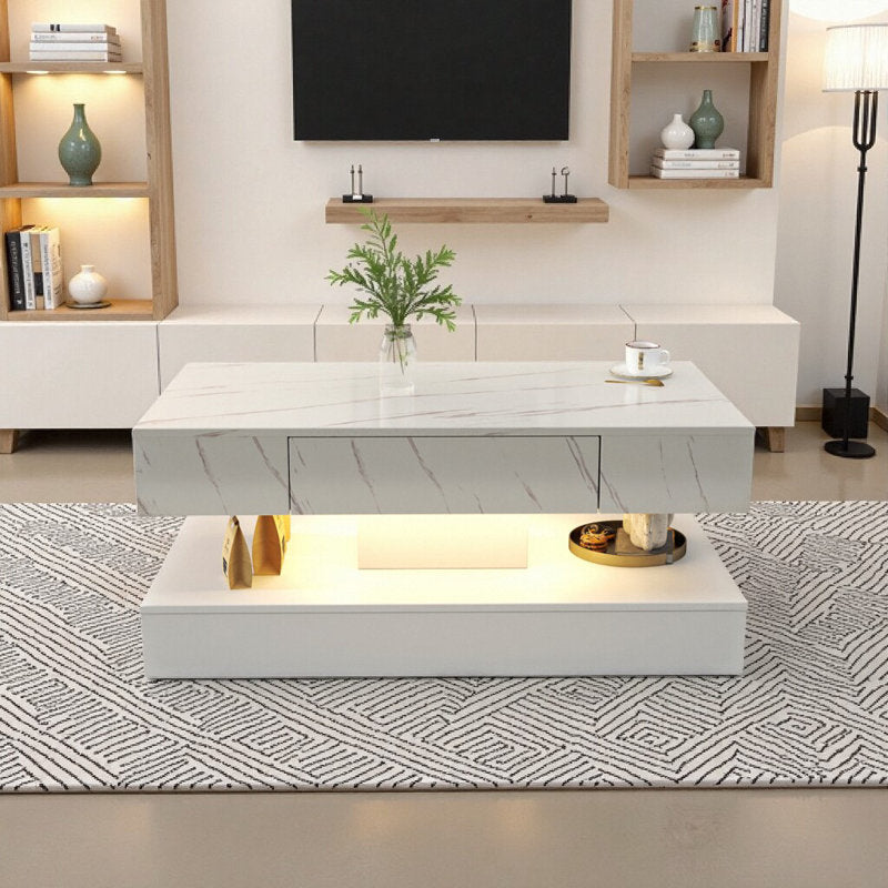 Modern Marble Pattern White LED Coffee Table With Drawer Storage Design
