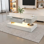 Modern Marble Pattern White LED Coffee Table With Drawer Storage Design
