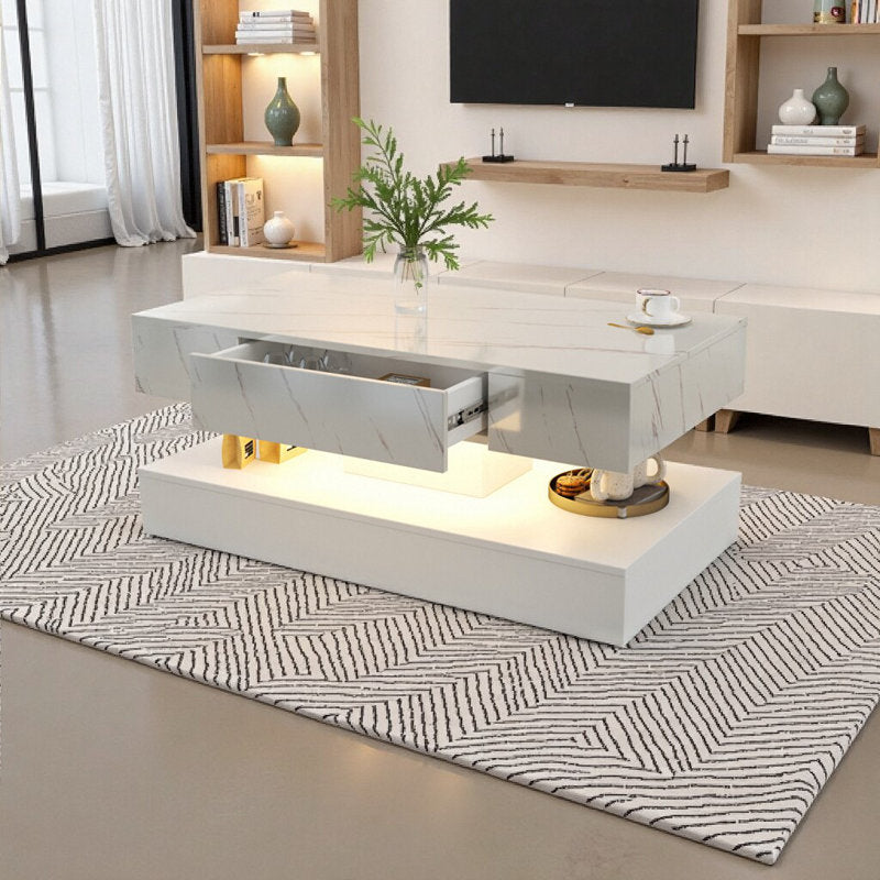 Modern Marble Pattern White LED Coffee Table With Drawer Storage Design