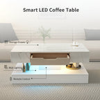 Modern Marble Pattern White LED Coffee Table With Drawer Storage Design