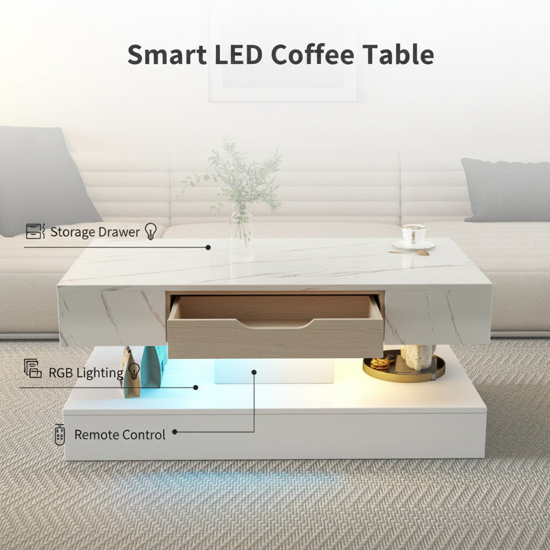 Modern Marble Pattern White LED Coffee Table With Drawer Storage Design
