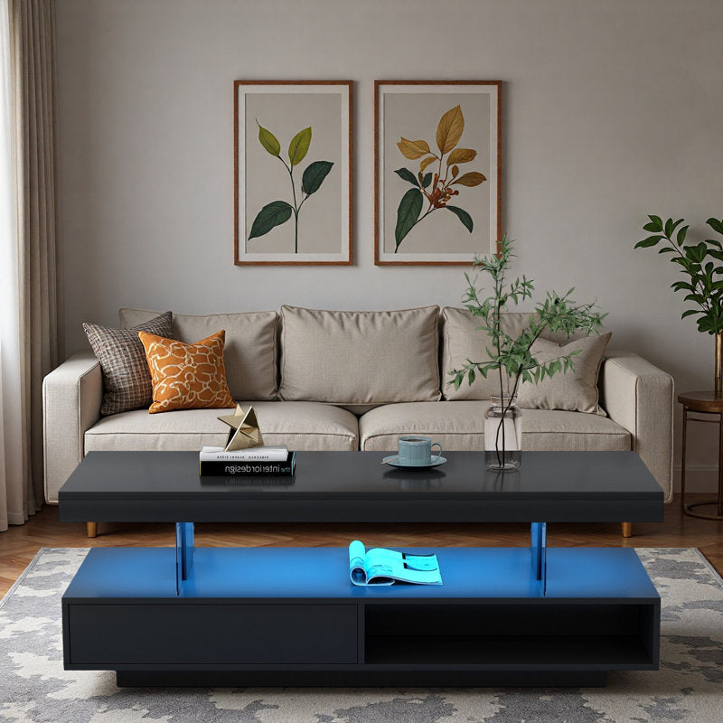 Modern Storage Black LED Coffee Table With Drawer & Open Shelf