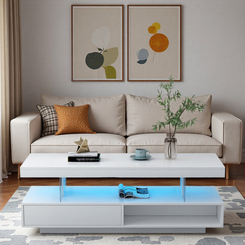 Modern Storage White LED Coffee Table With Drawer & Open Shelf
