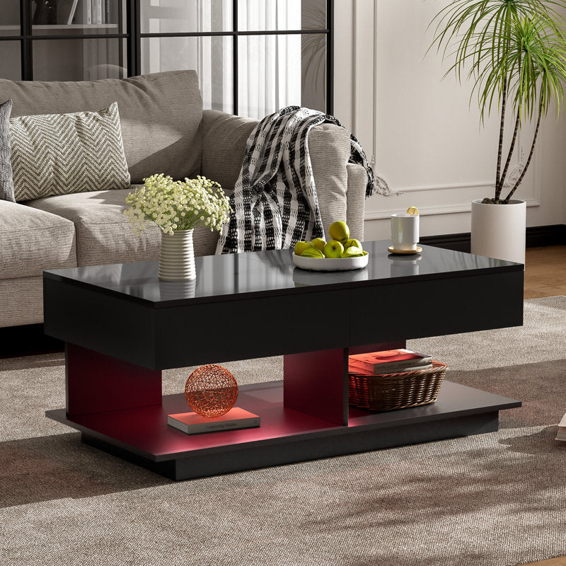 Modern Low Profile Black LED Coffee Table With Display Shelf