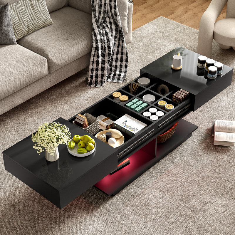 Modern Low Profile Black LED Coffee Table With Display Shelf