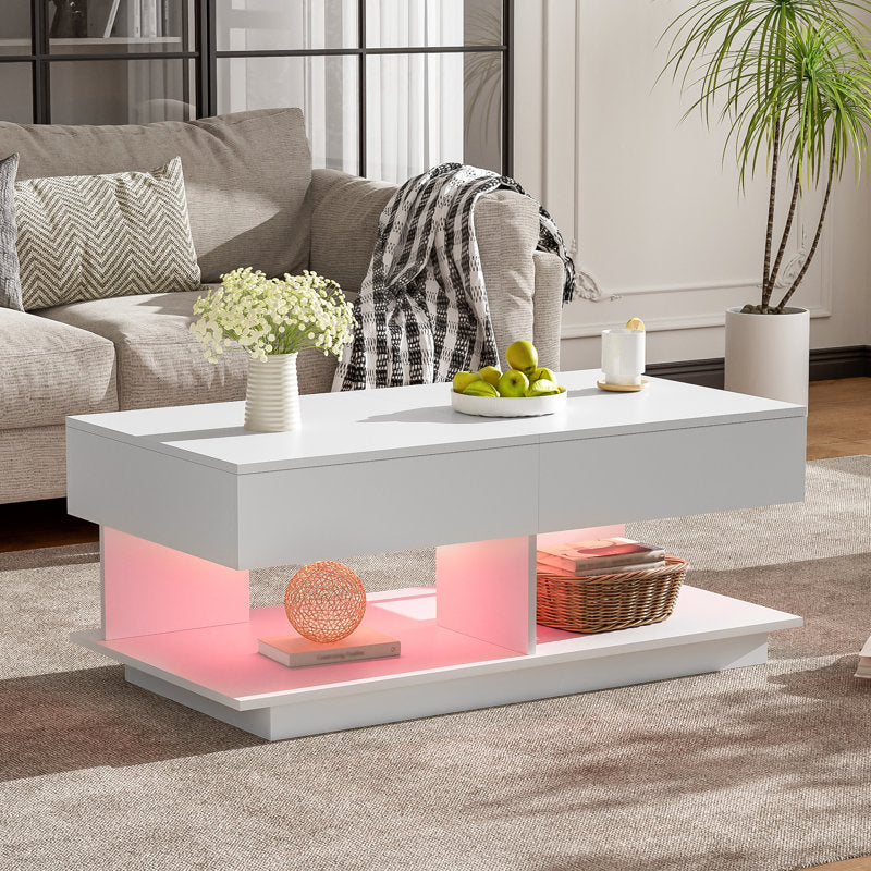 Modern Low Profile White LED Coffee Table With Display Shelf