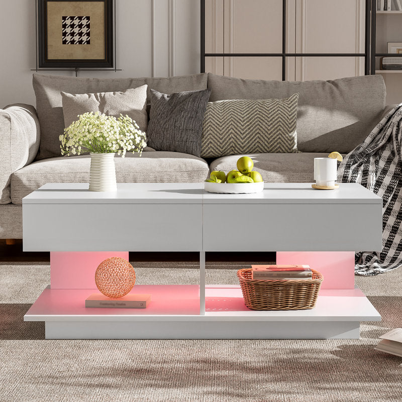 Modern Low Profile White LED Coffee Table With Display Shelf