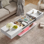Modern Low Profile White LED Coffee Table With Display Shelf