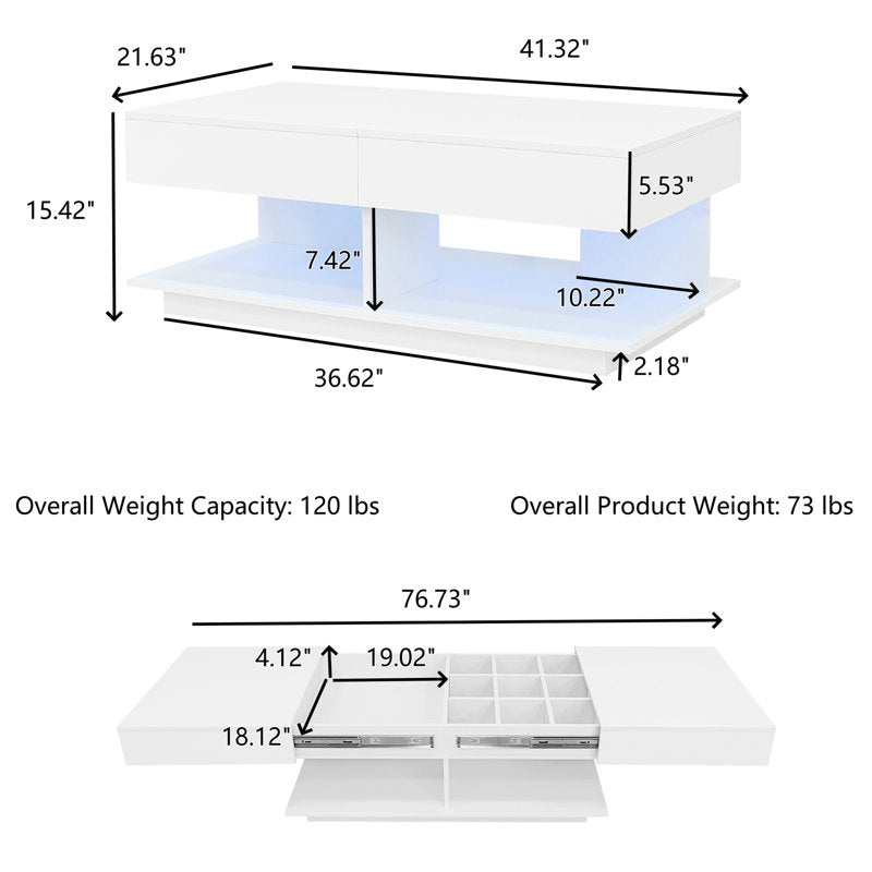 Modern Low Profile White LED Coffee Table With Display Shelf