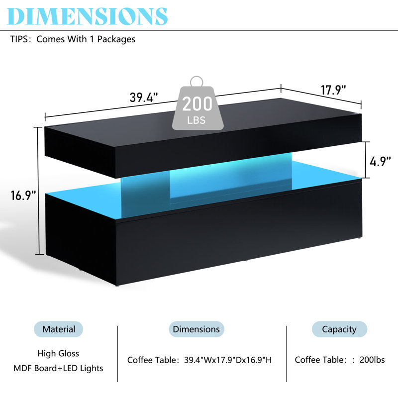 Rectangular Black LED Coffee Table With High Gloss Top & Open Shelf