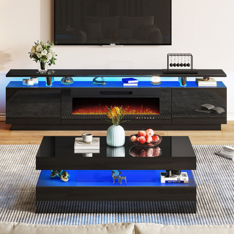 Rectangular Black LED Coffee Table With High Gloss Top & Open Shelf