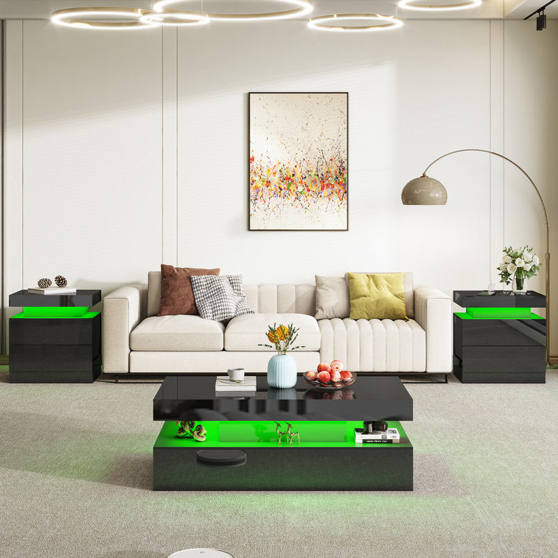Rectangular Black LED Coffee Table With High Gloss Top & Open Shelf