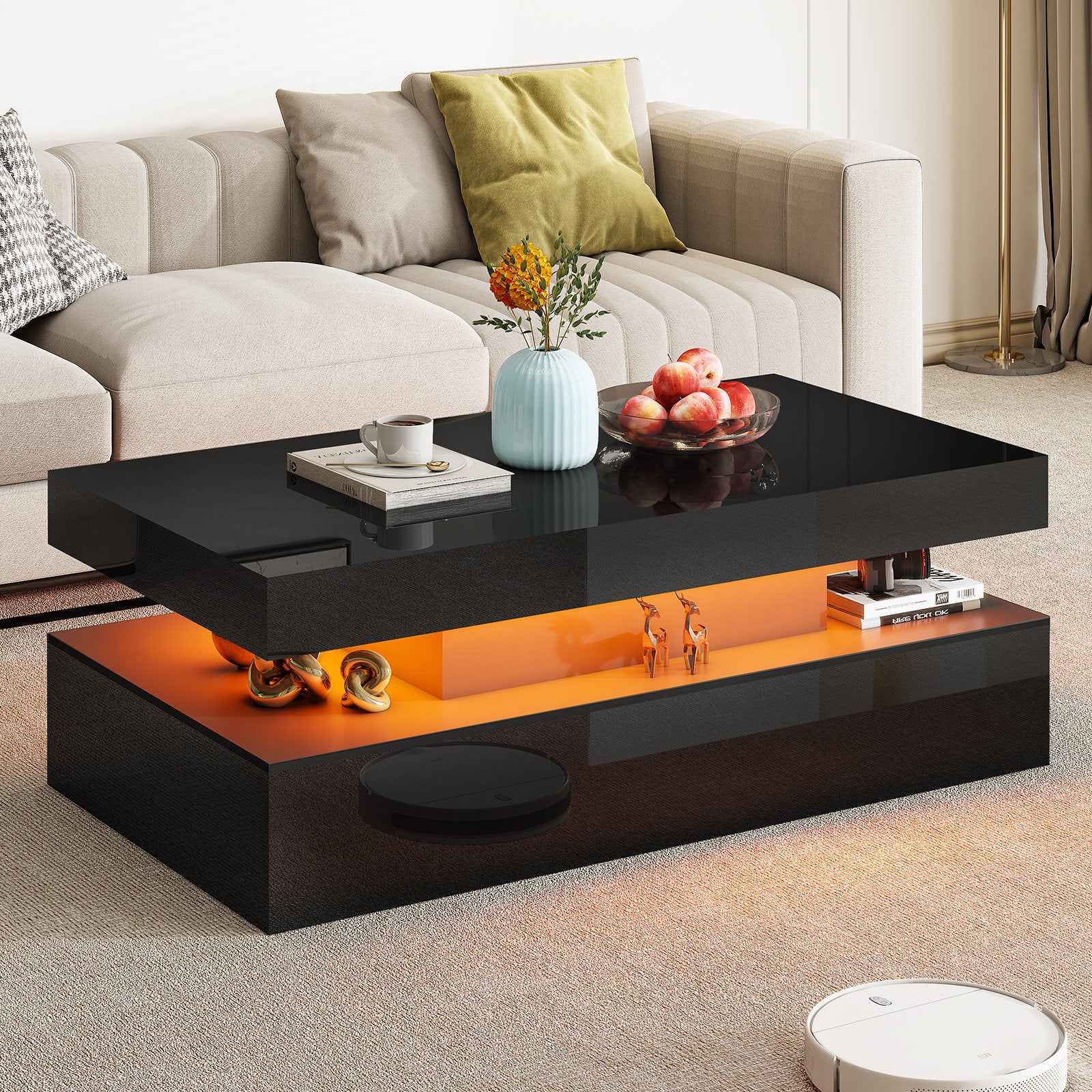 Rectangular Black LED Coffee Table With High Gloss Top & Open Shelf