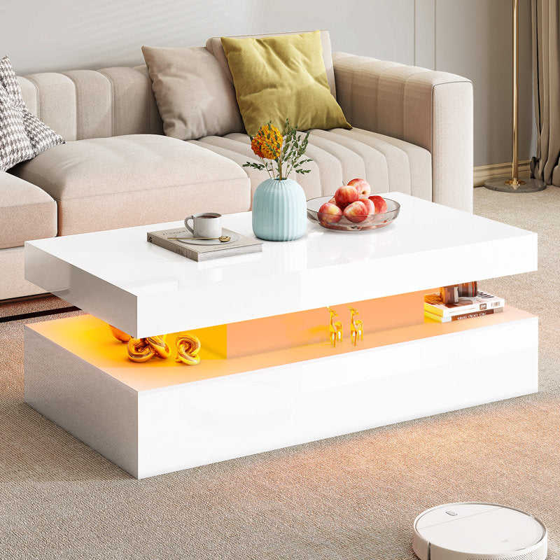 Rectangular White LED Coffee Table With High Gloss Top & Open Shelf