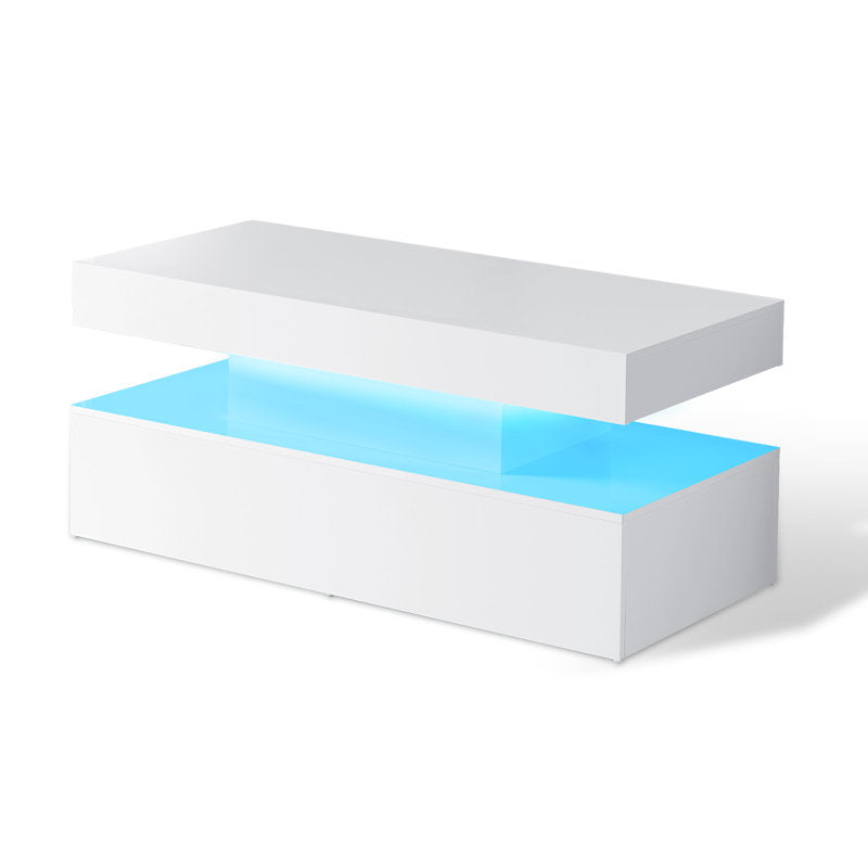 Rectangular White LED Coffee Table With High Gloss Top & Open Shelf