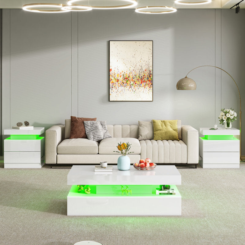 Rectangular White LED Coffee Table With High Gloss Top & Open Shelf